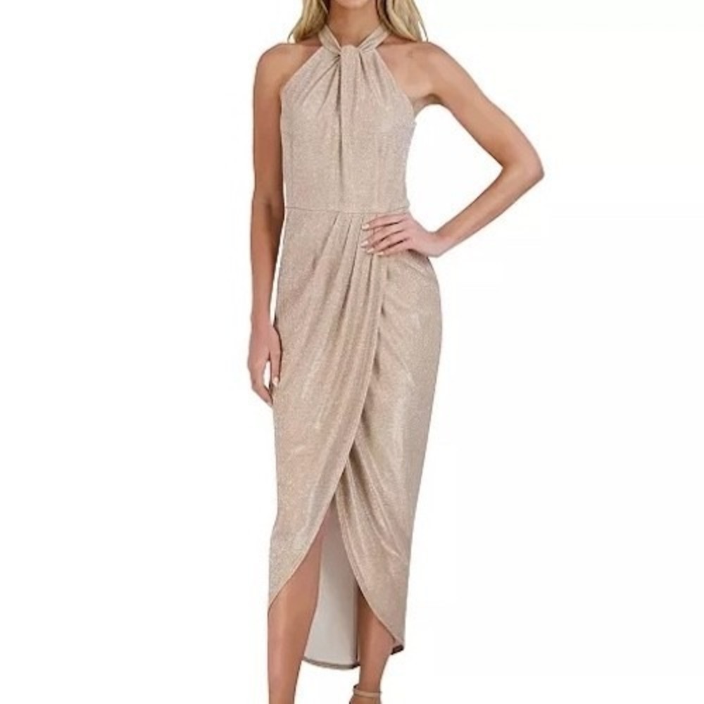 Julia Jordan Knot Neck Tulip Hem Sleeveless Sheath Taupe Dress Womens Size 4 NWT